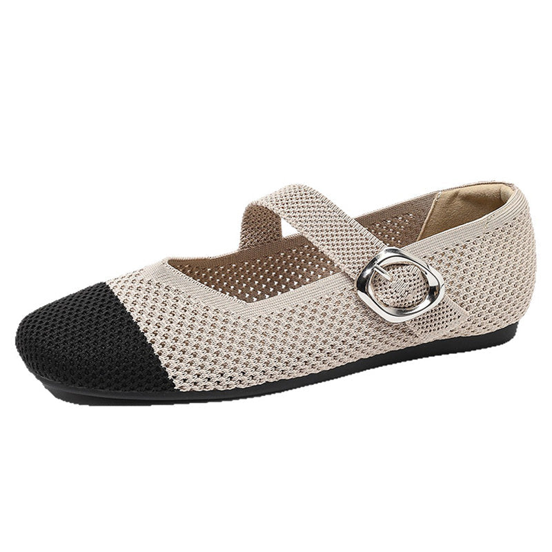 Beige and black women's Mary Jane flat with square toe and breathable knit upper