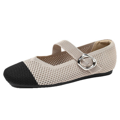 Beige and black women's Mary Jane flat with square toe and breathable knit upper