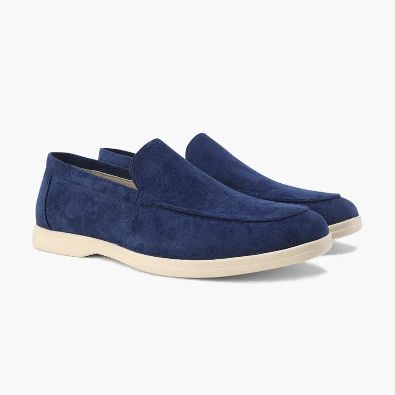 Marine blue men's slip on loafers, paired studio view