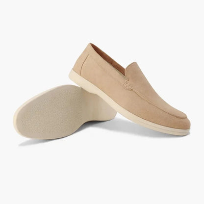 Mocha men's loafers shown from the side with outsole view