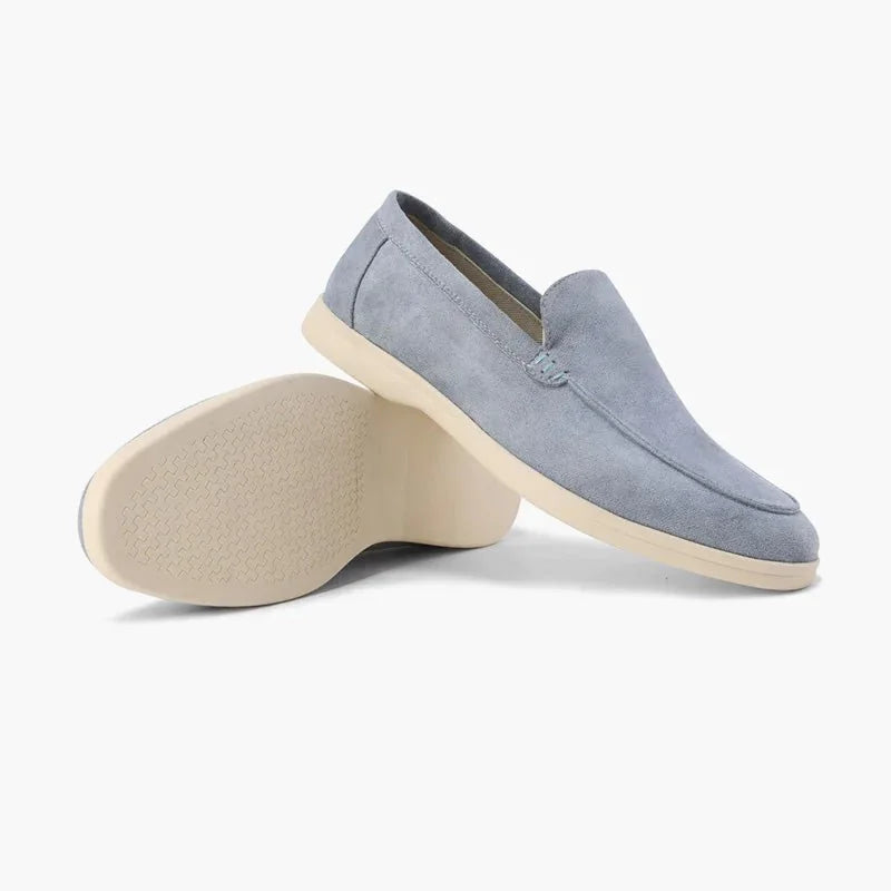 Fog blue men's loafers shown from the side with outsole view
