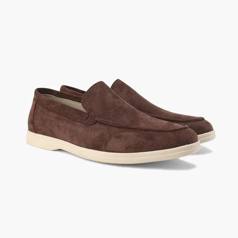 Chocolate brown men's slip on loafers, paired studio view