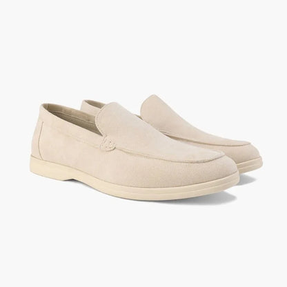 Light brown men's slip on loafers, paired side studio view
