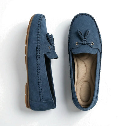 Women's wide fit loafers in navy blue, overhead pair view