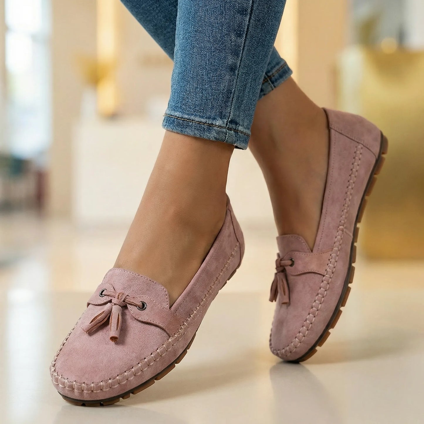 Blush pink loafers for women, close on foot indoor view