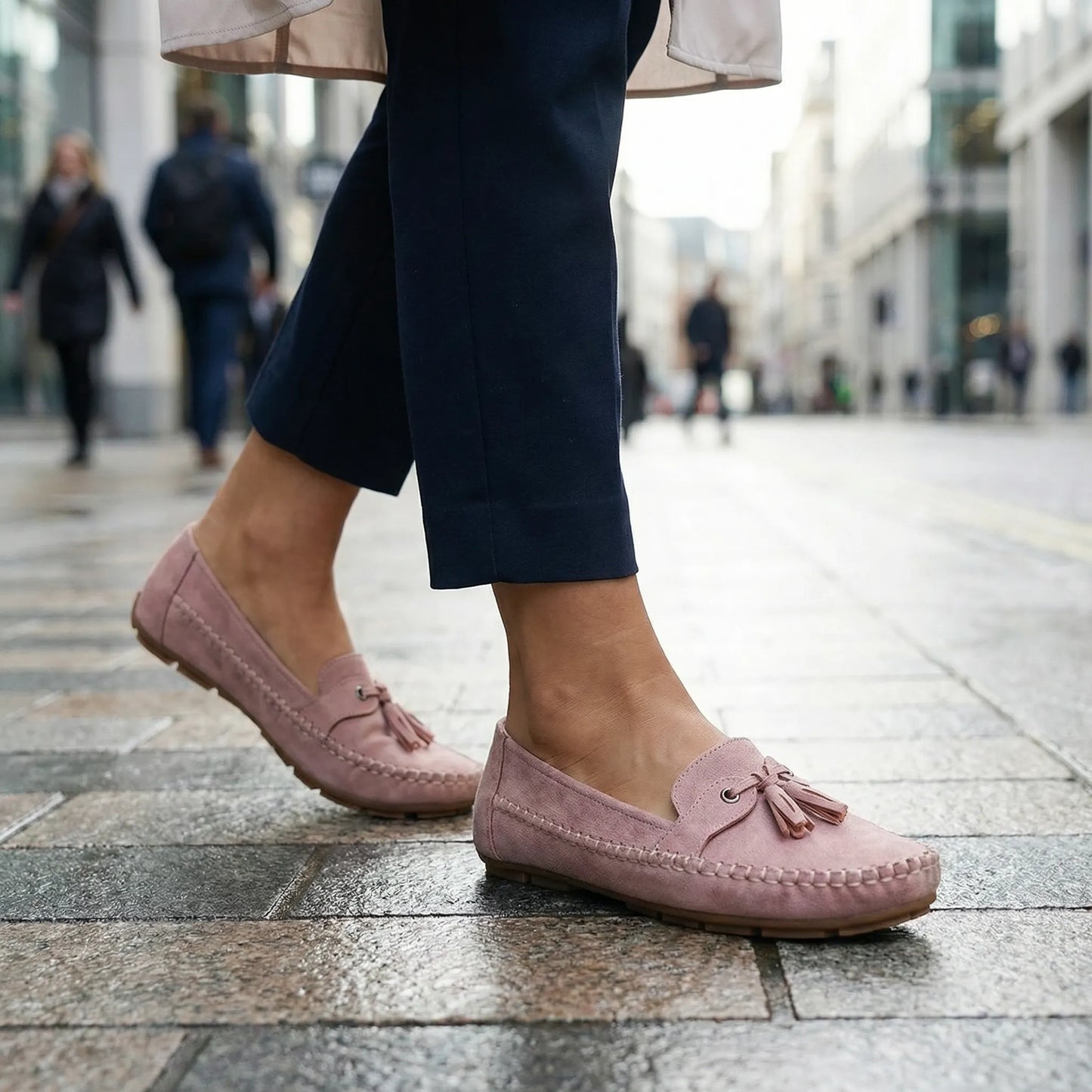 Blush pink slip on loafers for women, urban on foot view