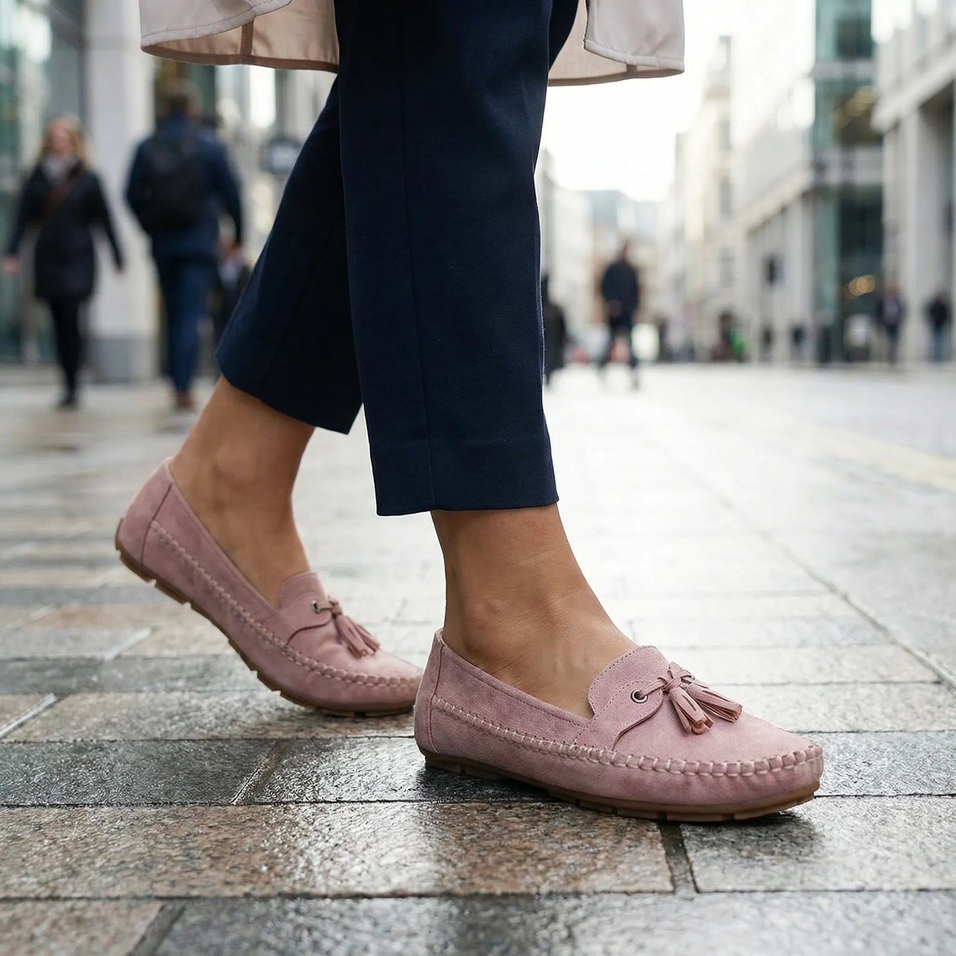 Blush pink slip on loafers for women, urban on foot view