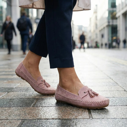 Blush pink slip on loafers for women, urban on foot view