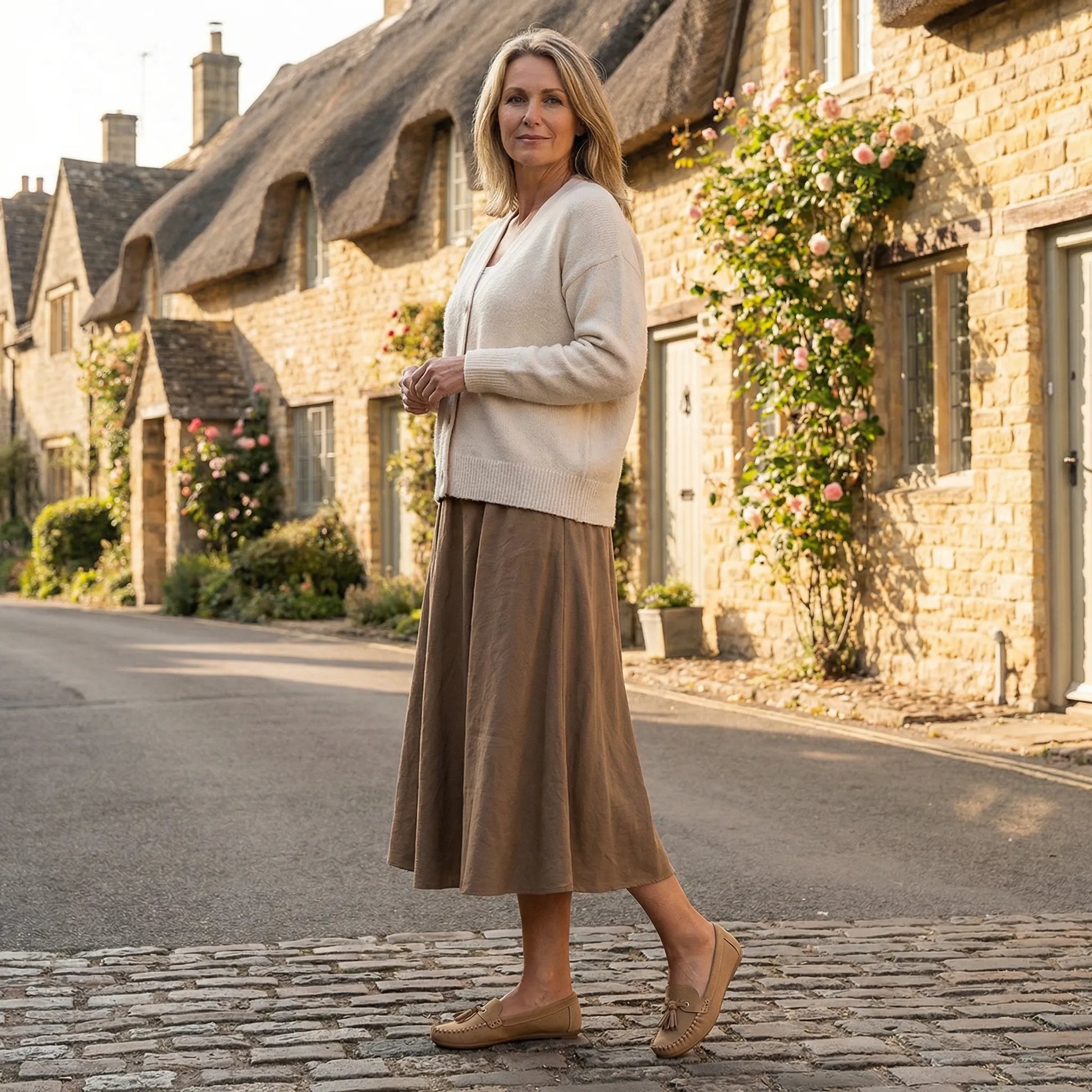 Woman wearing brown loafers on a village street