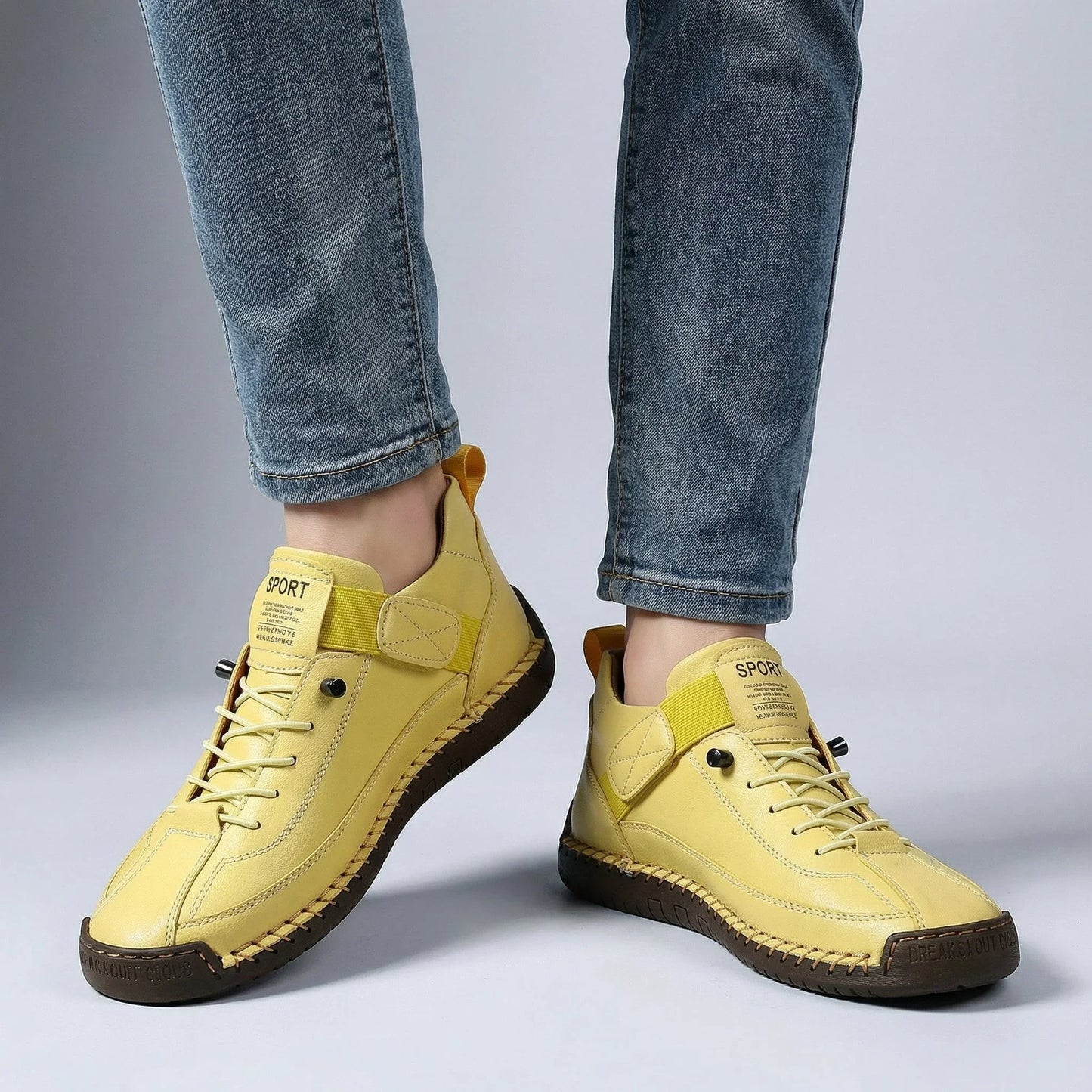 Mustard yellow women’s wide fit trainers with rounded toe and elastic laces