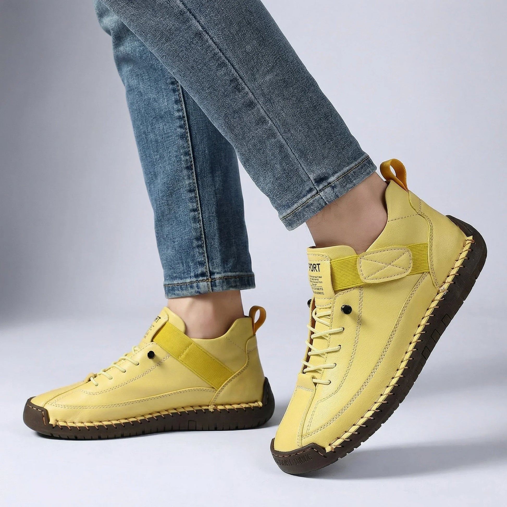 Women’s wide toe box walking trainers in mustard yellow with adjustable strap
