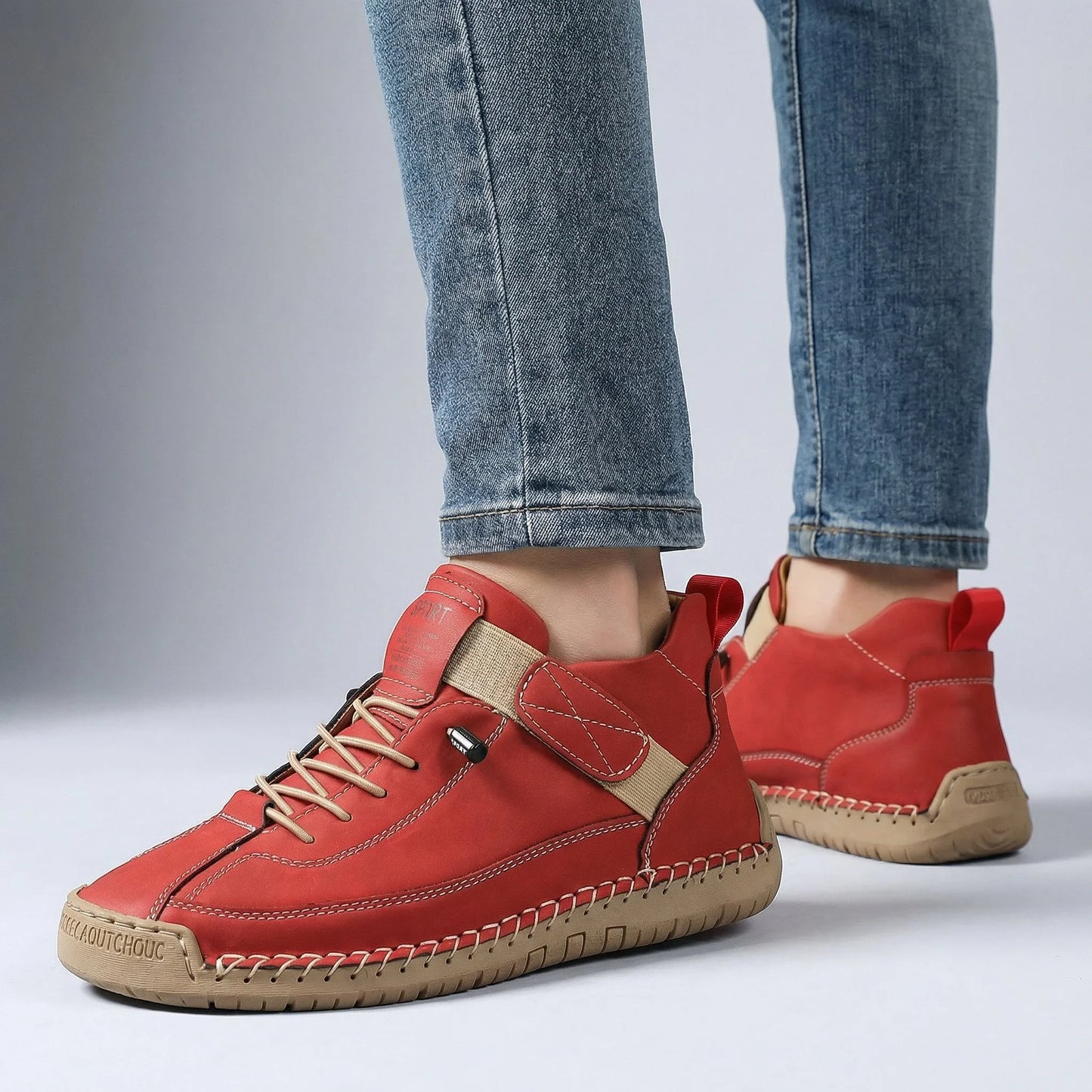 Women’s wide fit walking trainer in rust red with rounded toe and elastic laces