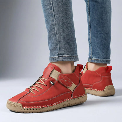Women’s wide fit walking trainer in rust red with rounded toe and elastic laces