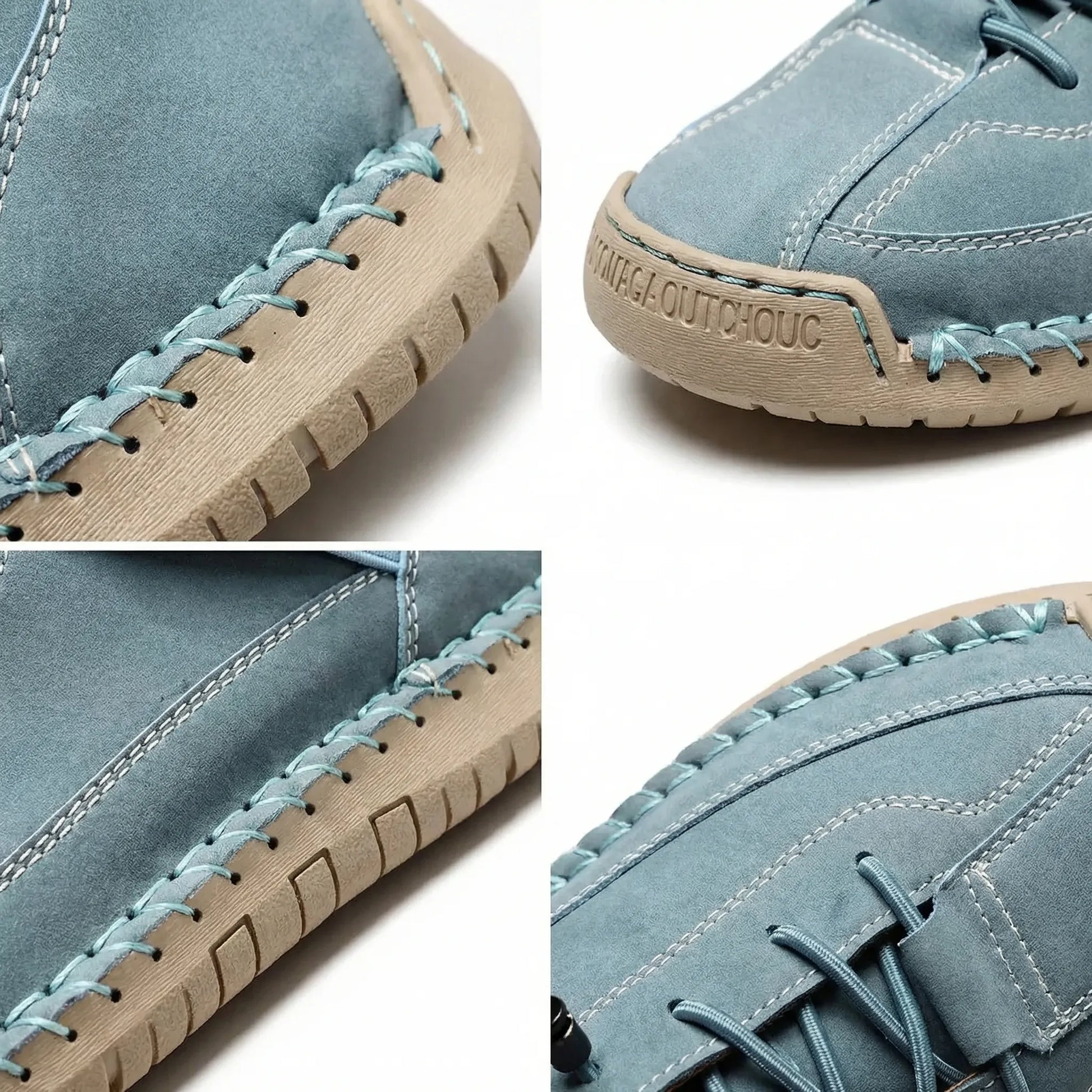 Close up of women’s wide fit trainer with elastic laces, strap and stitched sole