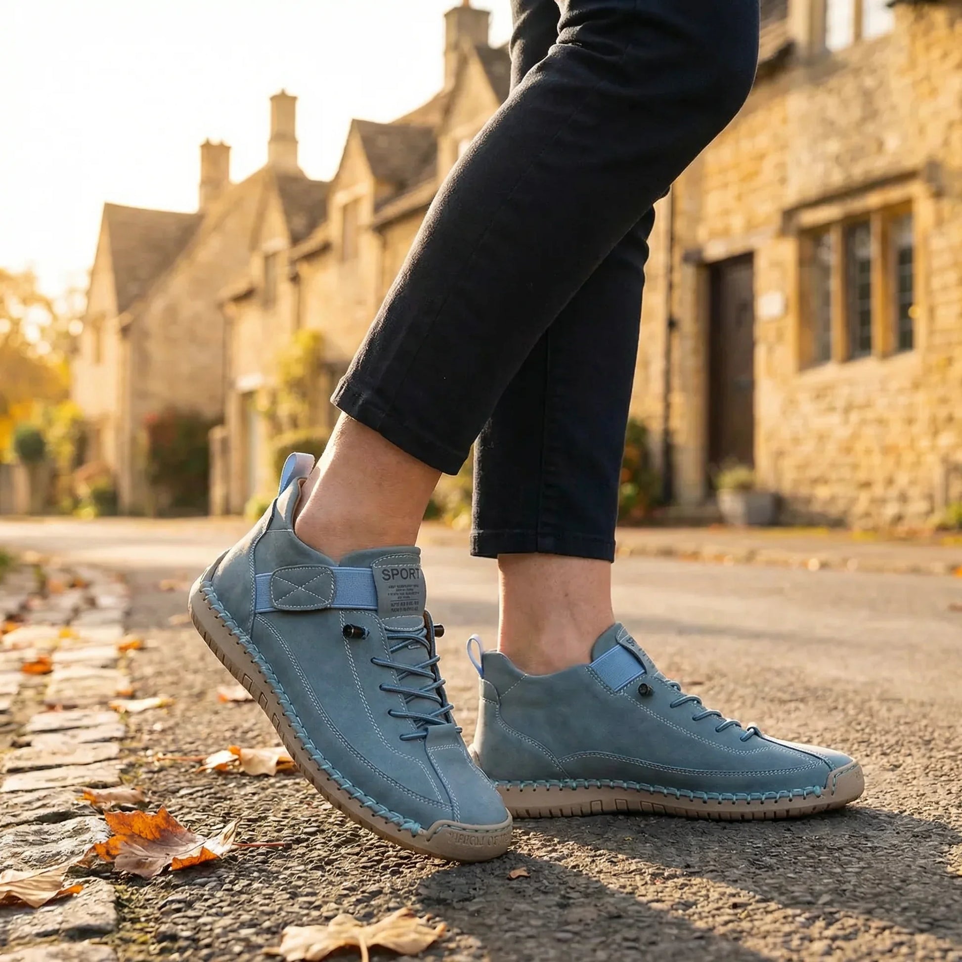 Woman wearing dusty blue walking trainers for everyday city wear