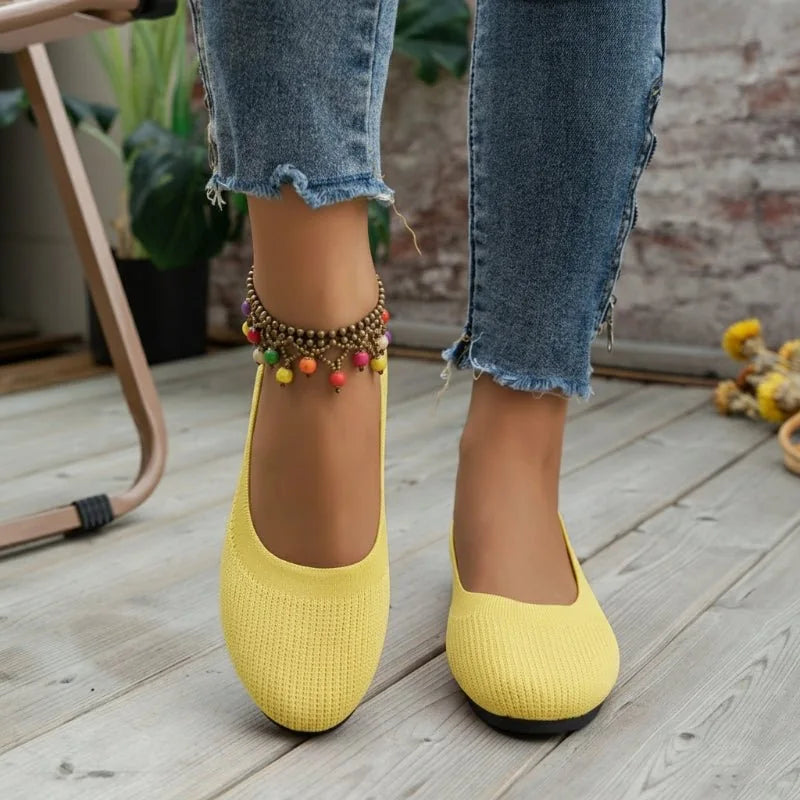 Women's knit loafer flats shown on foot