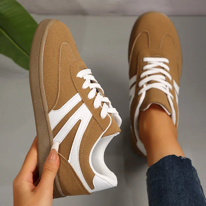 Brown retro trainers for women, top down pair view