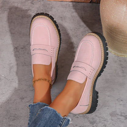 Pink chunky sole loafers, top on foot view