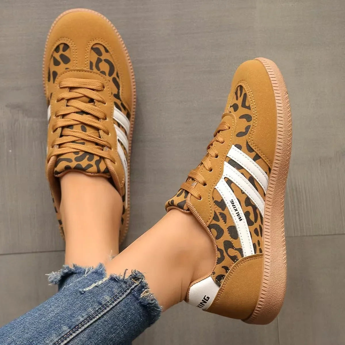Women's tan leopard print retro trainers viewed from above