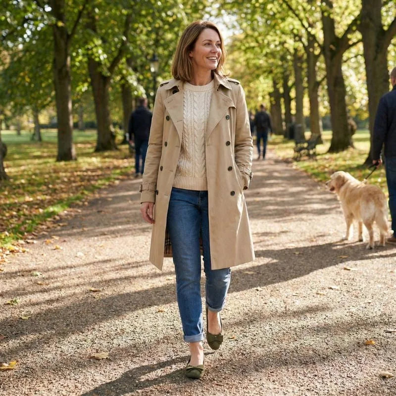 Woman wearing dark green bow ballet flats while walking in a park