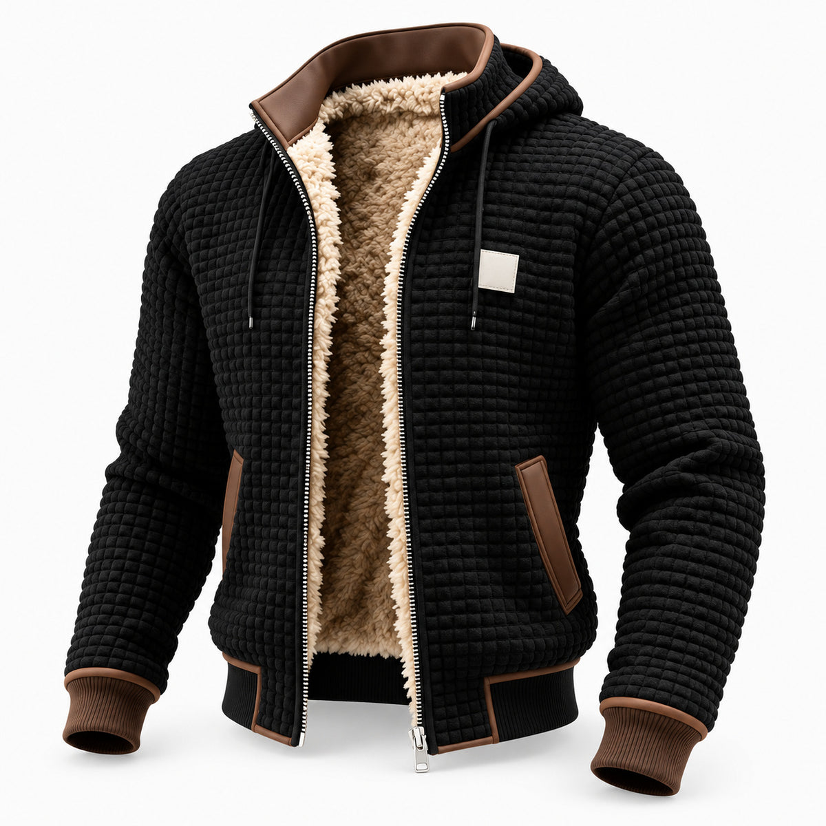 Black hooded fleece-lined jacket with brown collar and pocket trim, shown open from the front.