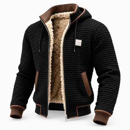 Black hooded fleece-lined jacket with brown collar and pocket trim, shown open from the front.