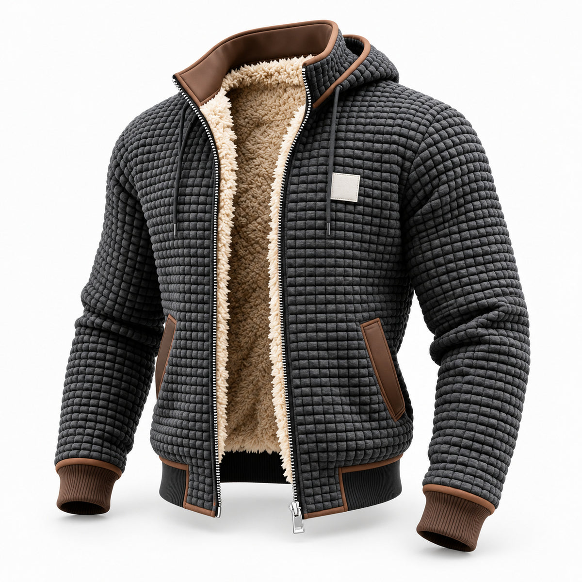 Charcoal Grey hooded fleece-lined jacket with brown trims, shown open from the front.