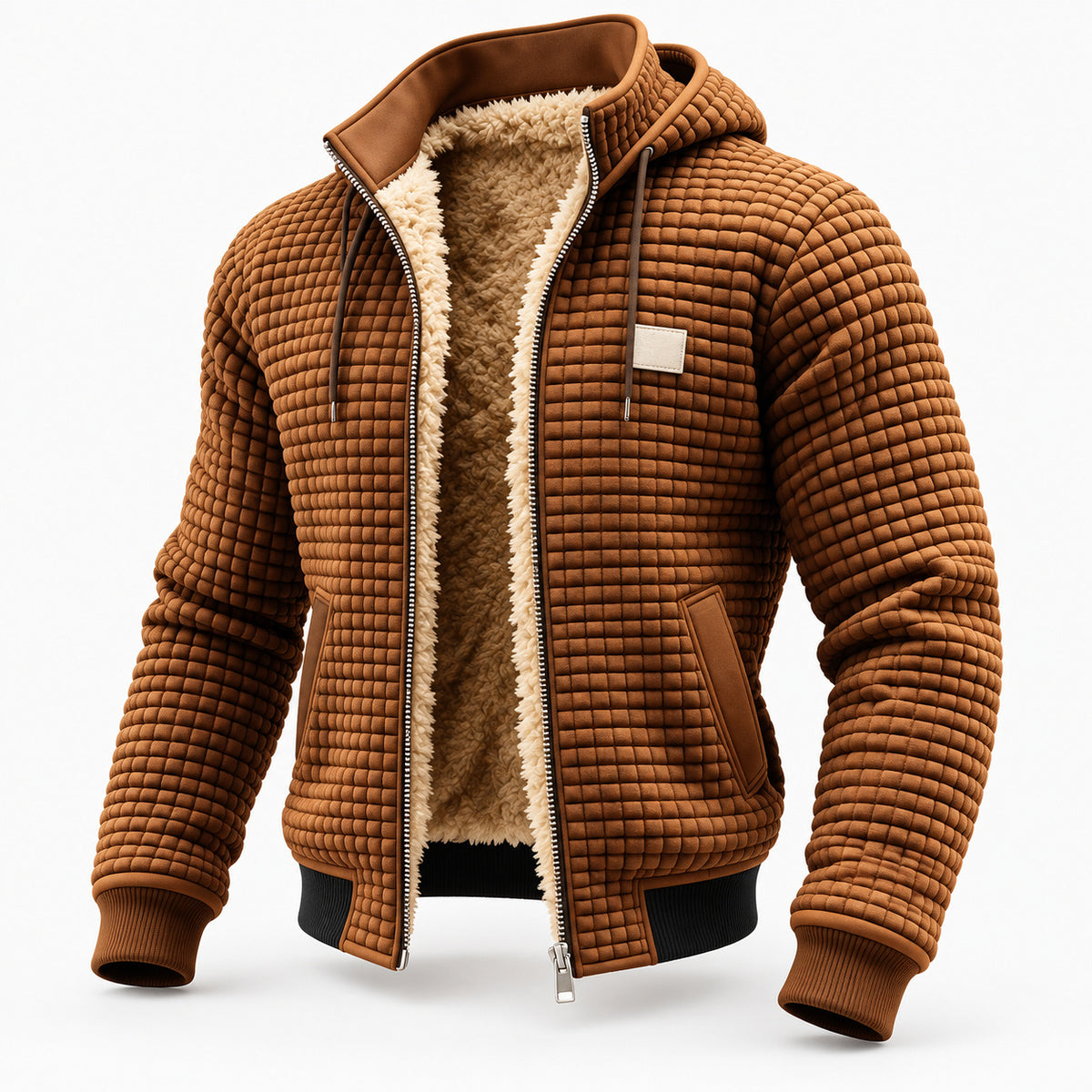 Coffee brown hooded fleece-lined jacket with brown trim and a textured outer, shown open from the front.