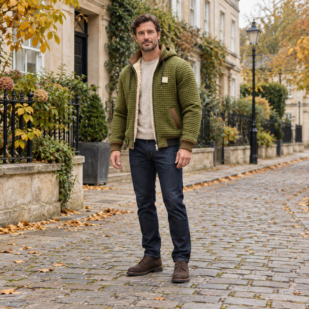 Full-length view of a man wearing the olive green hooded jacket on an autumn street.