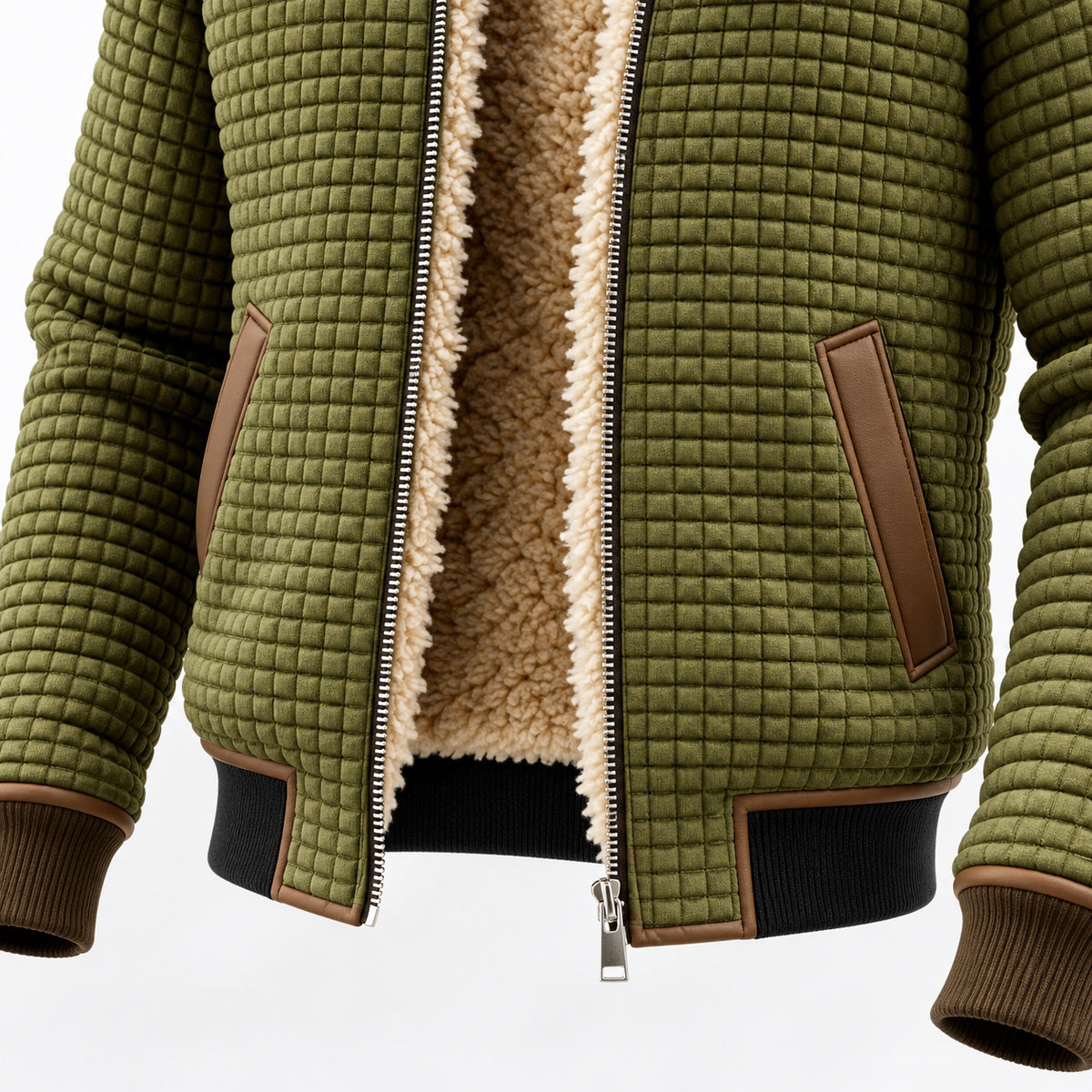 Brown-trimmed front pockets and ribbed lower hem on the olive green textured jacket.