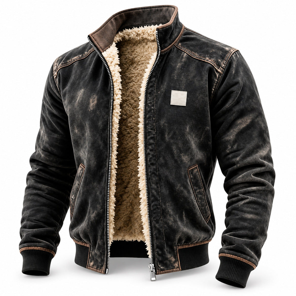 Vintage black distressed-look stand-collar jacket with beige fleece lining, shown open.