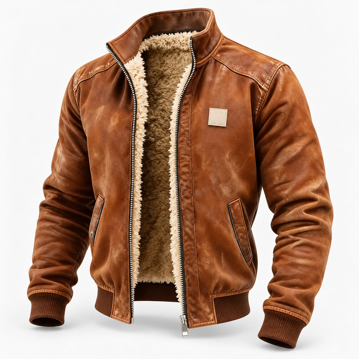 Vintage brown stand-collar fleece-lined jacket shown open from the front.
