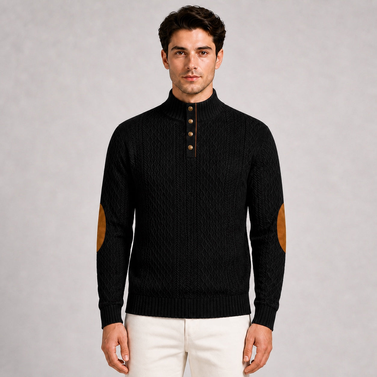 Model wearing the Black men's textured stand-collar pullover, front upper-body studio view
