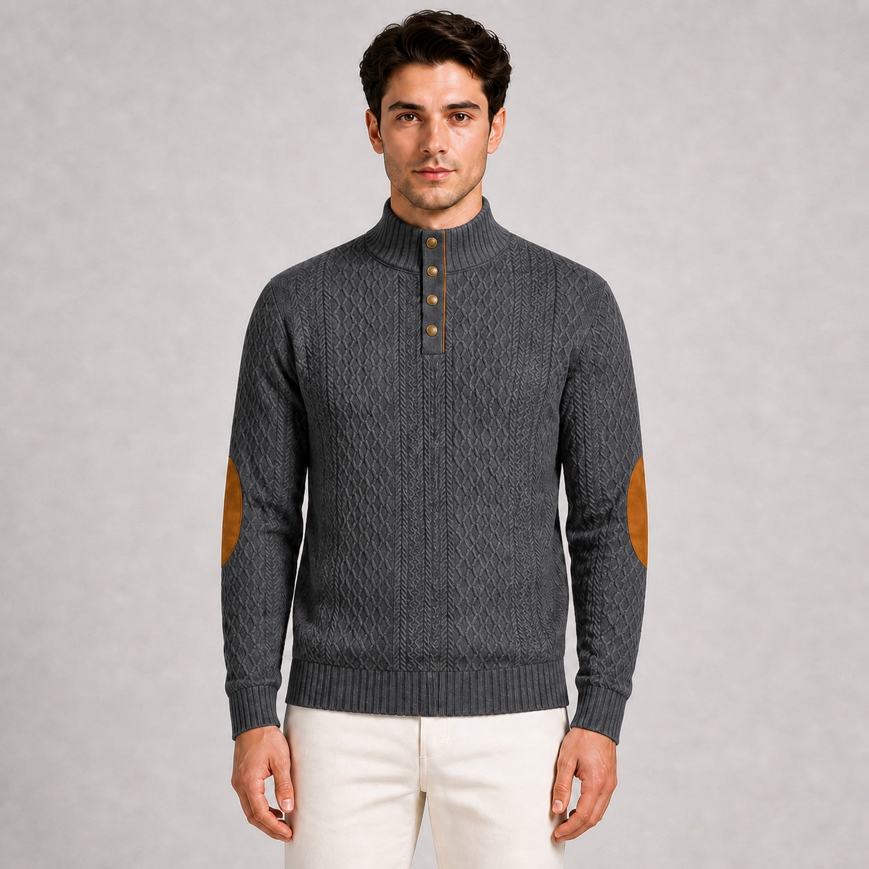 Model wearing the Charcoal Grey men's textured stand-collar pullover, front upper-body studio view