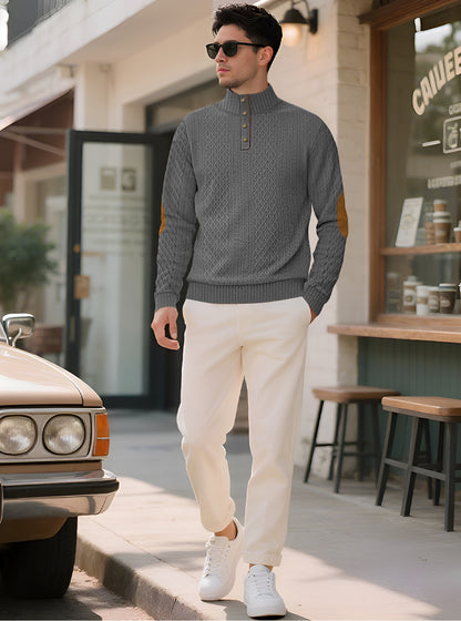 Model wearing the Charcoal Grey men's textured stand-collar pullover outside a café, front lifestyle view