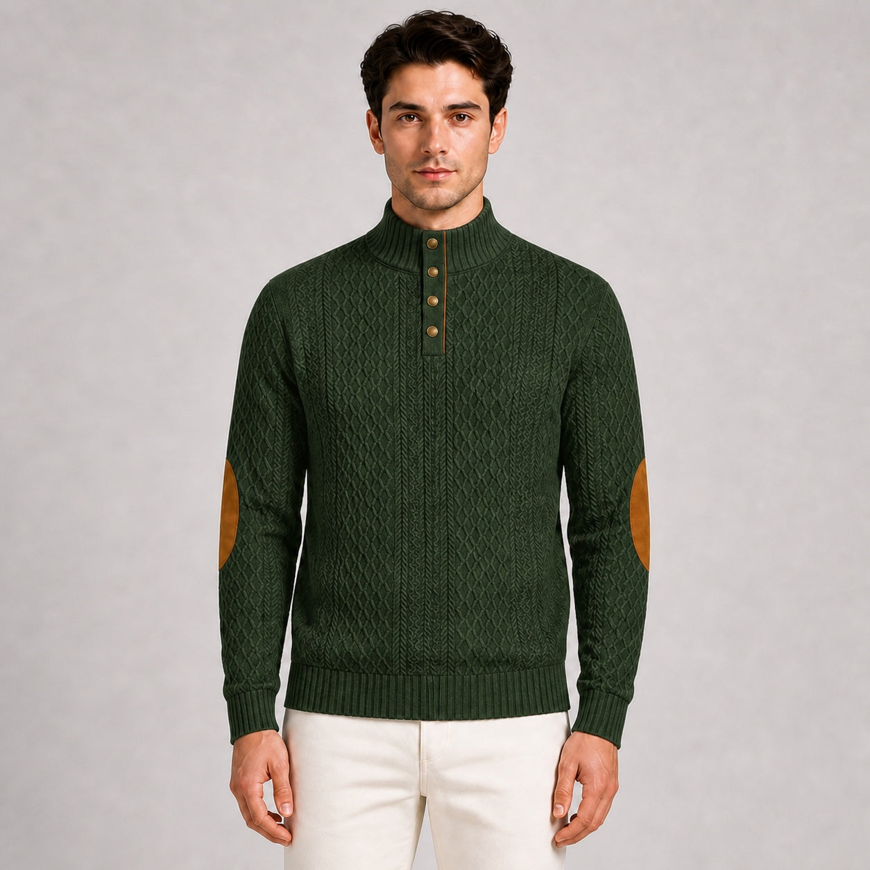 Model wearing the Forest Green men's textured stand-collar pullover, front upper-body studio view