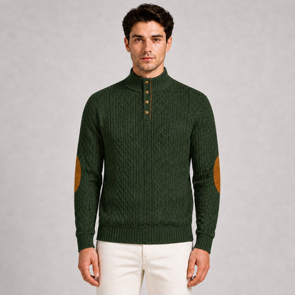Model wearing the Forest Green men's textured stand-collar pullover, front upper-body studio view