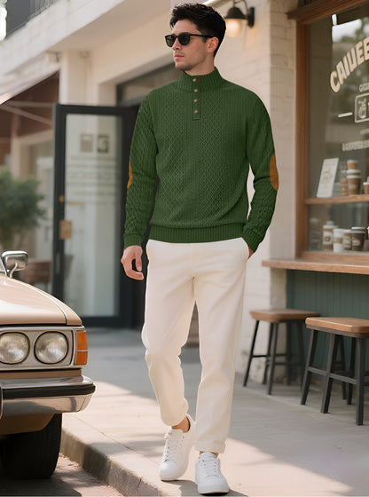 Model wearing the Forest Green men's textured stand-collar pullover outside a café, front lifestyle view