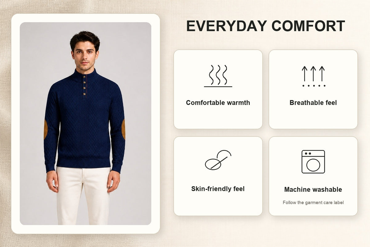 Men's textured stand-collar pullover everyday comfort, breathable feel and machine-washable care guide