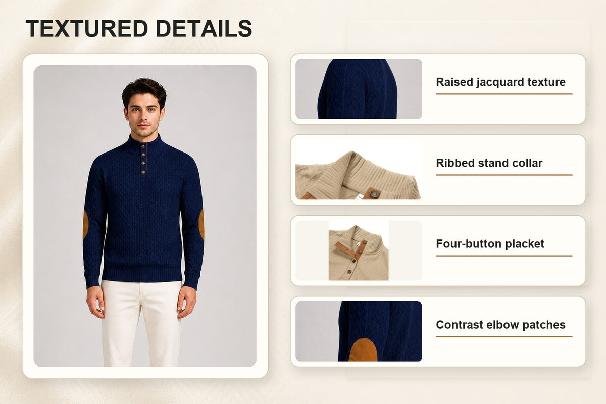 Men's textured stand-collar pullover jacquard texture, ribbed collar, four-button placket and elbow patch details