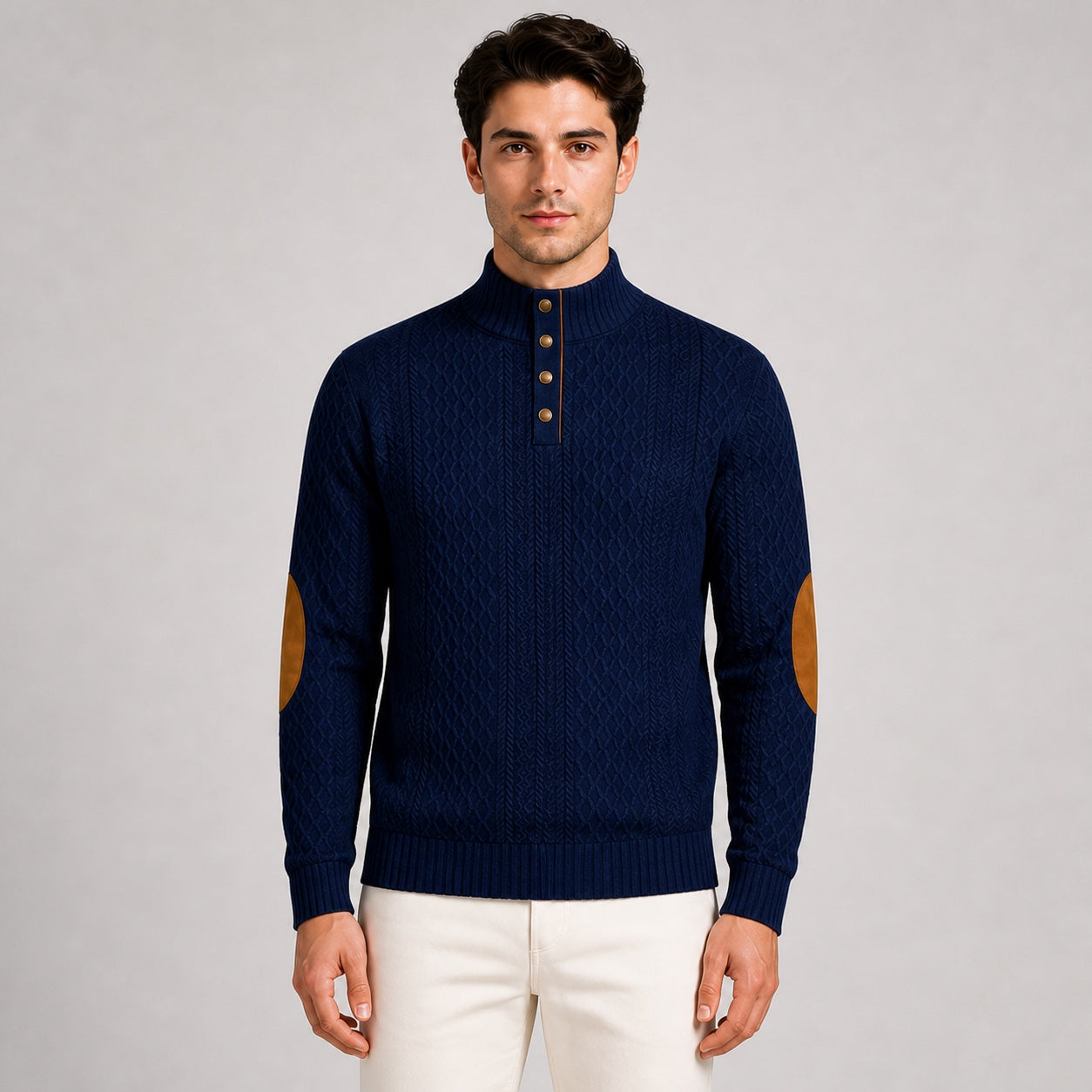 Model wearing the Deep Navy men's textured stand-collar pullover, front upper-body studio view