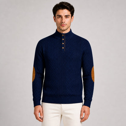 Model wearing the Deep Navy men's textured stand-collar pullover, front upper-body studio view