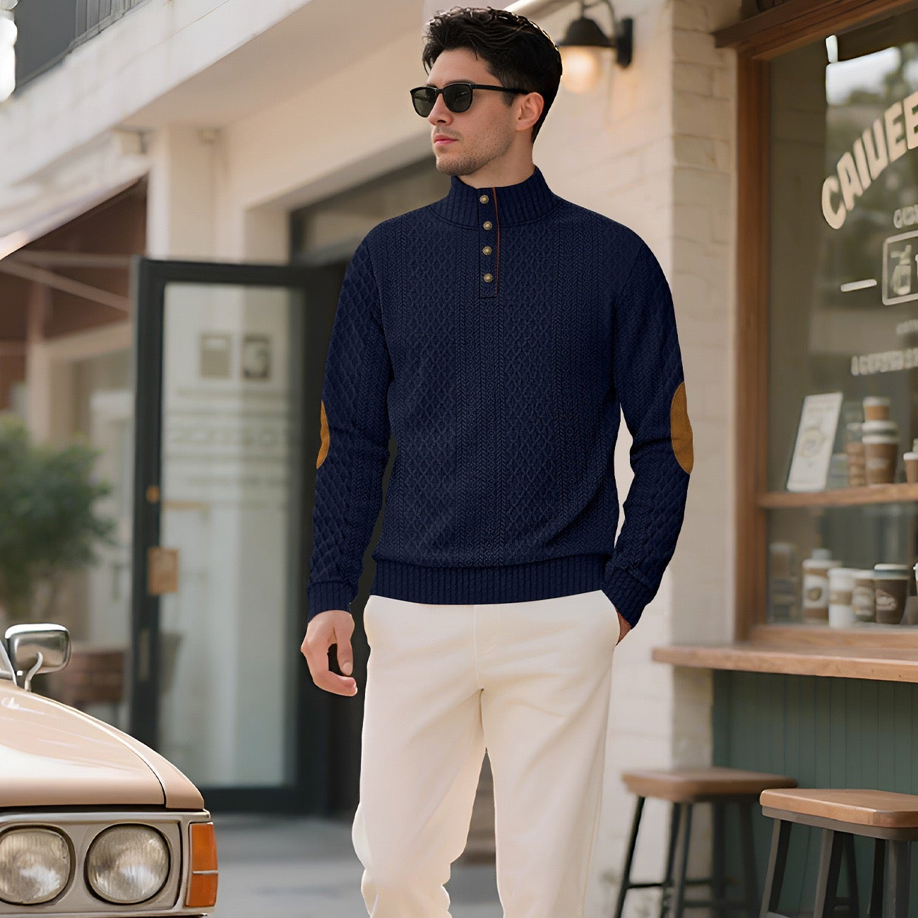 Model wearing the Deep Navy men's textured stand-collar pullover outside a café, front lifestyle view