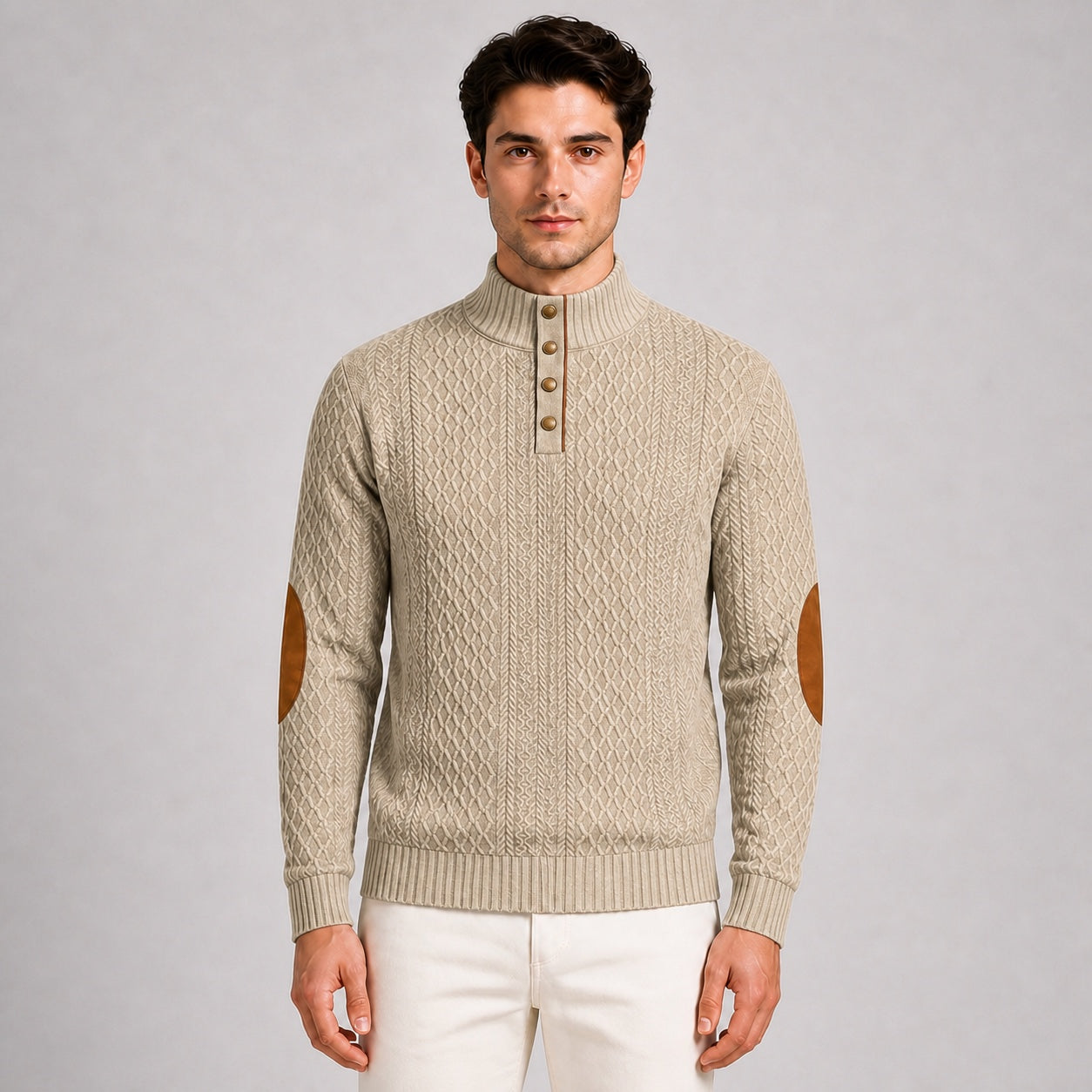 Model wearing the Oatmeal men's textured stand-collar pullover, front upper-body studio view