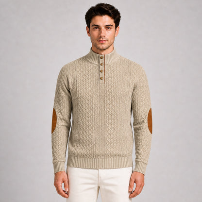 Model wearing the Oatmeal men's textured stand-collar pullover, front upper-body studio view