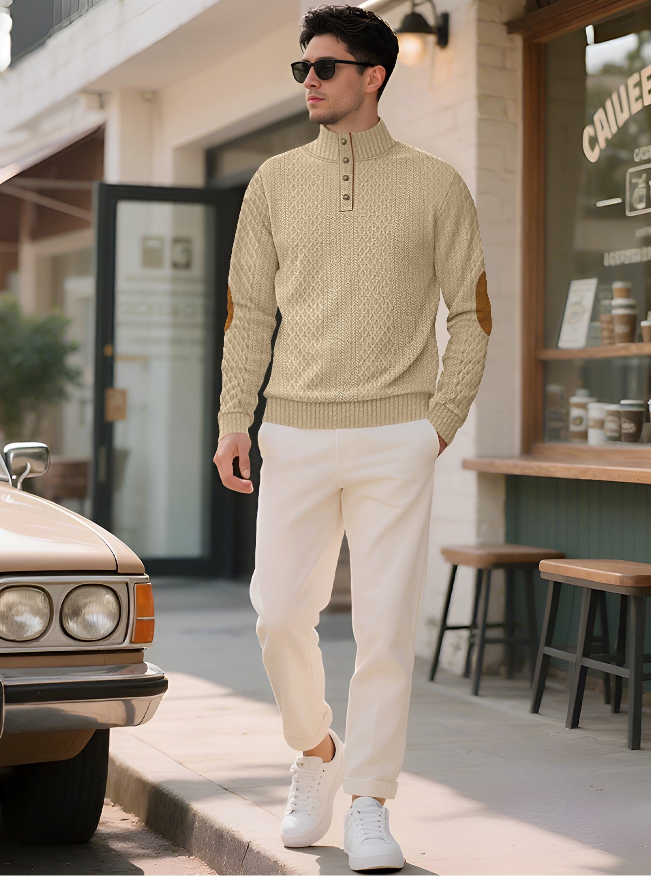 Model wearing the Oatmeal men's textured stand-collar pullover outside a café, front lifestyle view