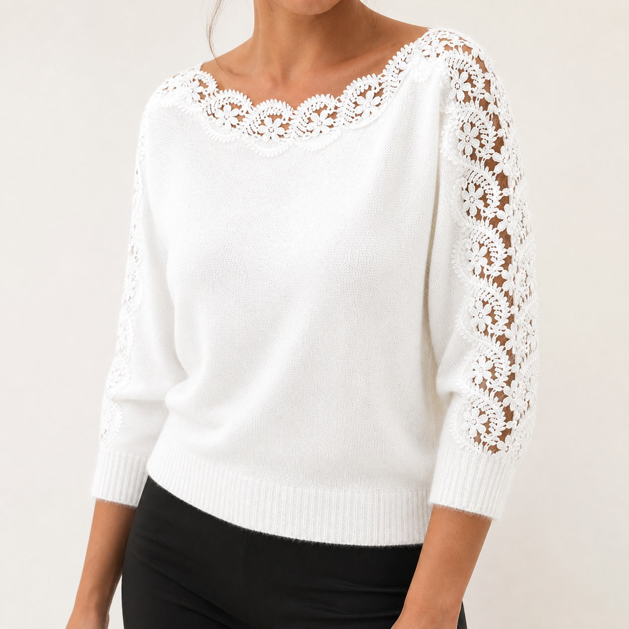 Pearl White women's lace-panel knit top, natural angle view
