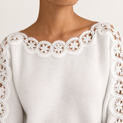 Pearl White women's knit top, scalloped floral openwork neckline detail