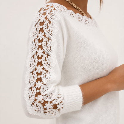 Pearl White women's knit top, floral openwork outer sleeve and ribbed cuff detail