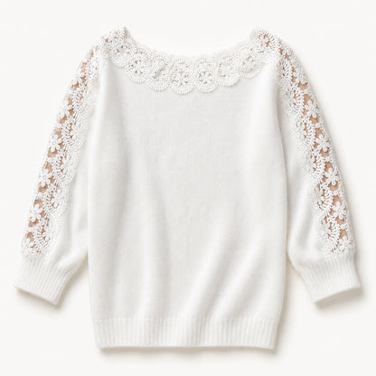 Pearl White women's lace-panel knit top, flat lay product view